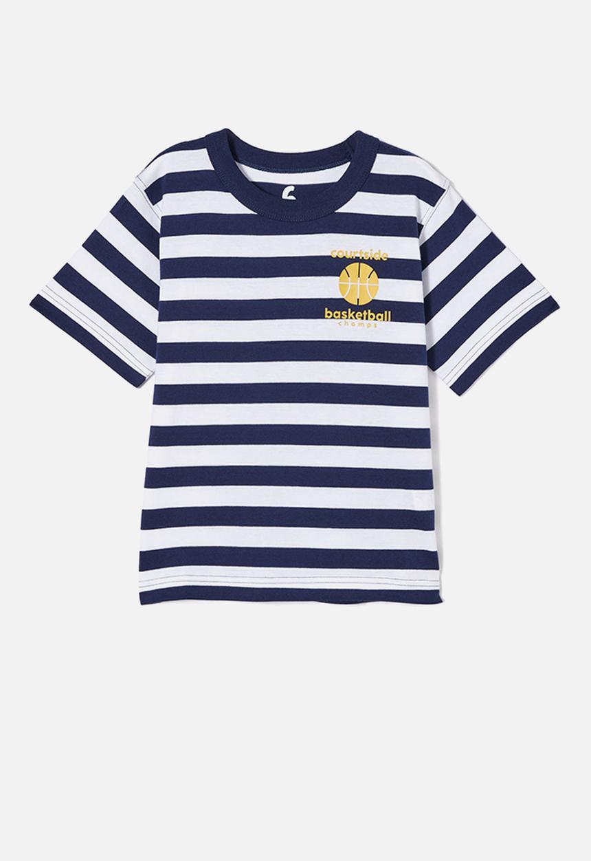 Cotton On - Jonny short sleeve print tee - in the navy/white stripe basketball champs