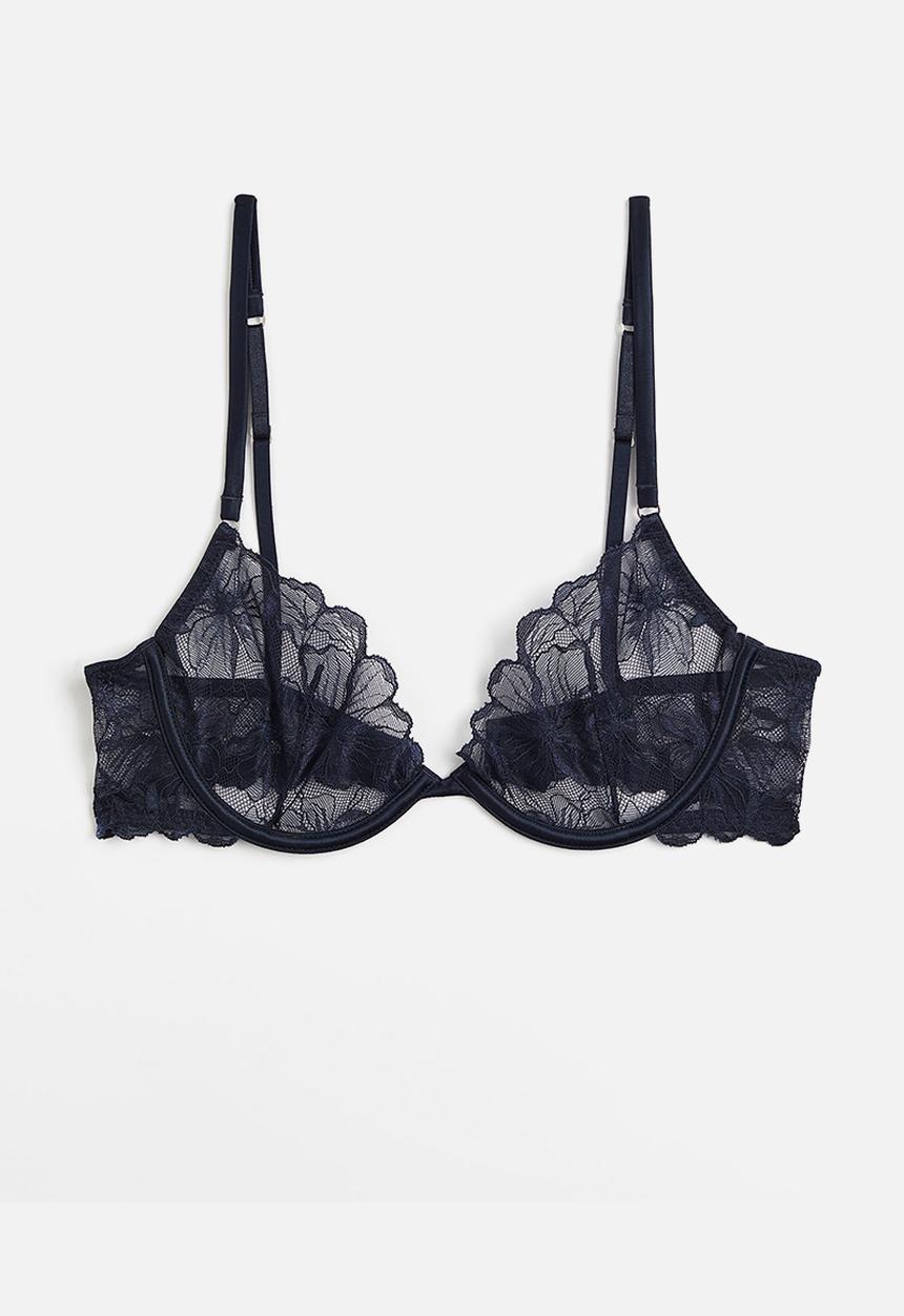 H&M - Non-padded underwired lace bra - navy blue