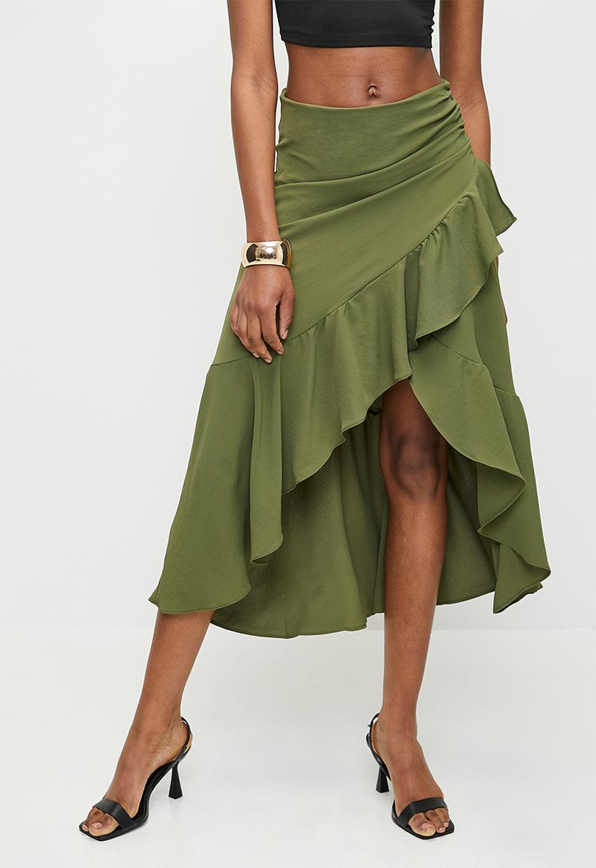 Trendyol - Khaki Flounce Double Breasted Midi Skirt - Khaki