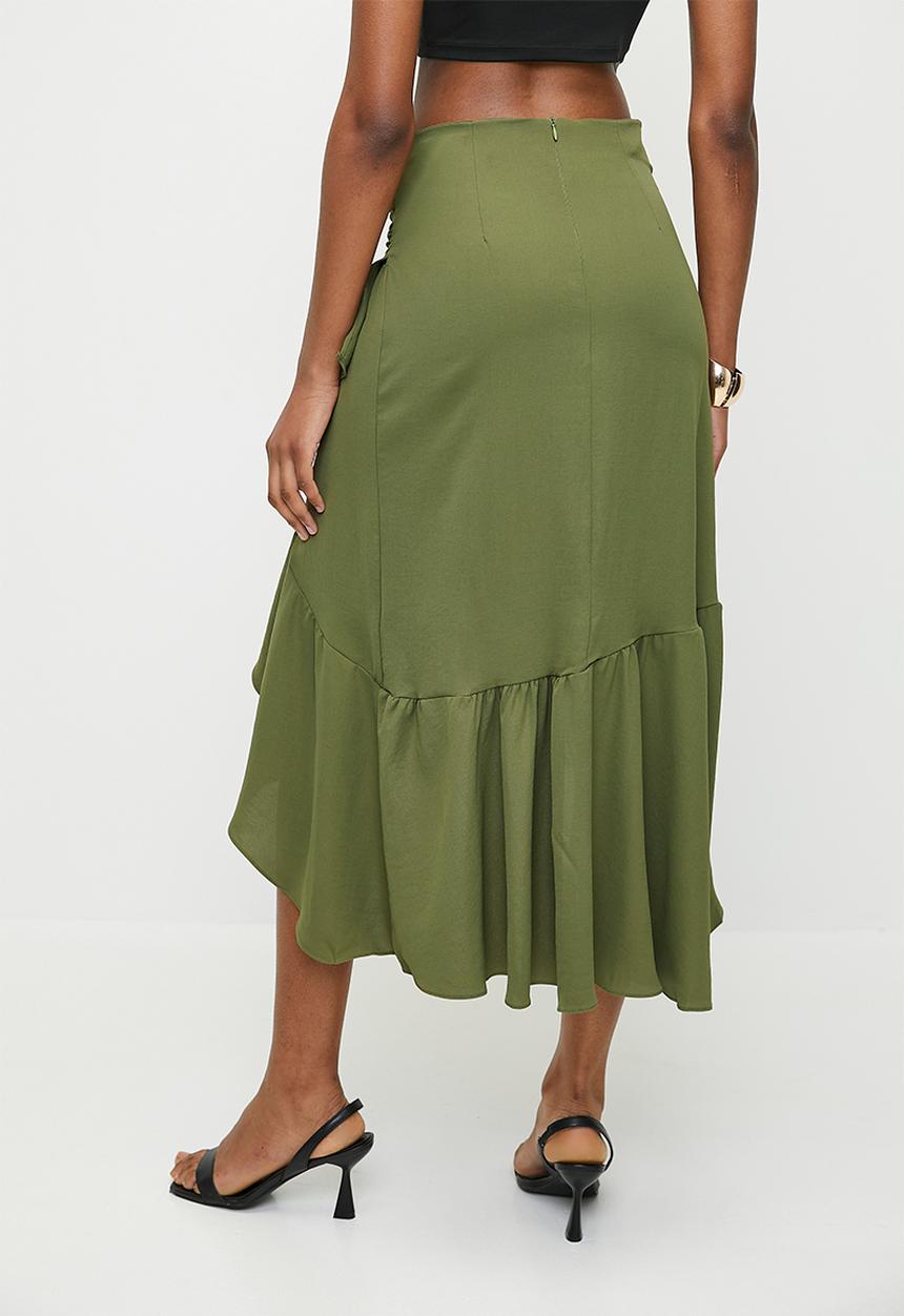 Trendyol - Khaki Flounce Double Breasted Midi Skirt - Khaki