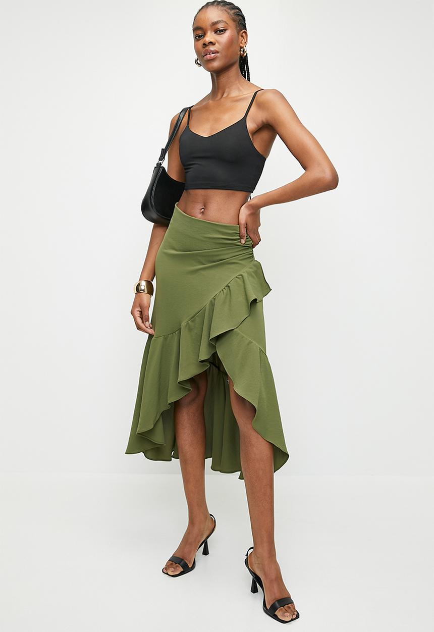 Trendyol - Khaki Flounce Double Breasted Midi Skirt - Khaki
