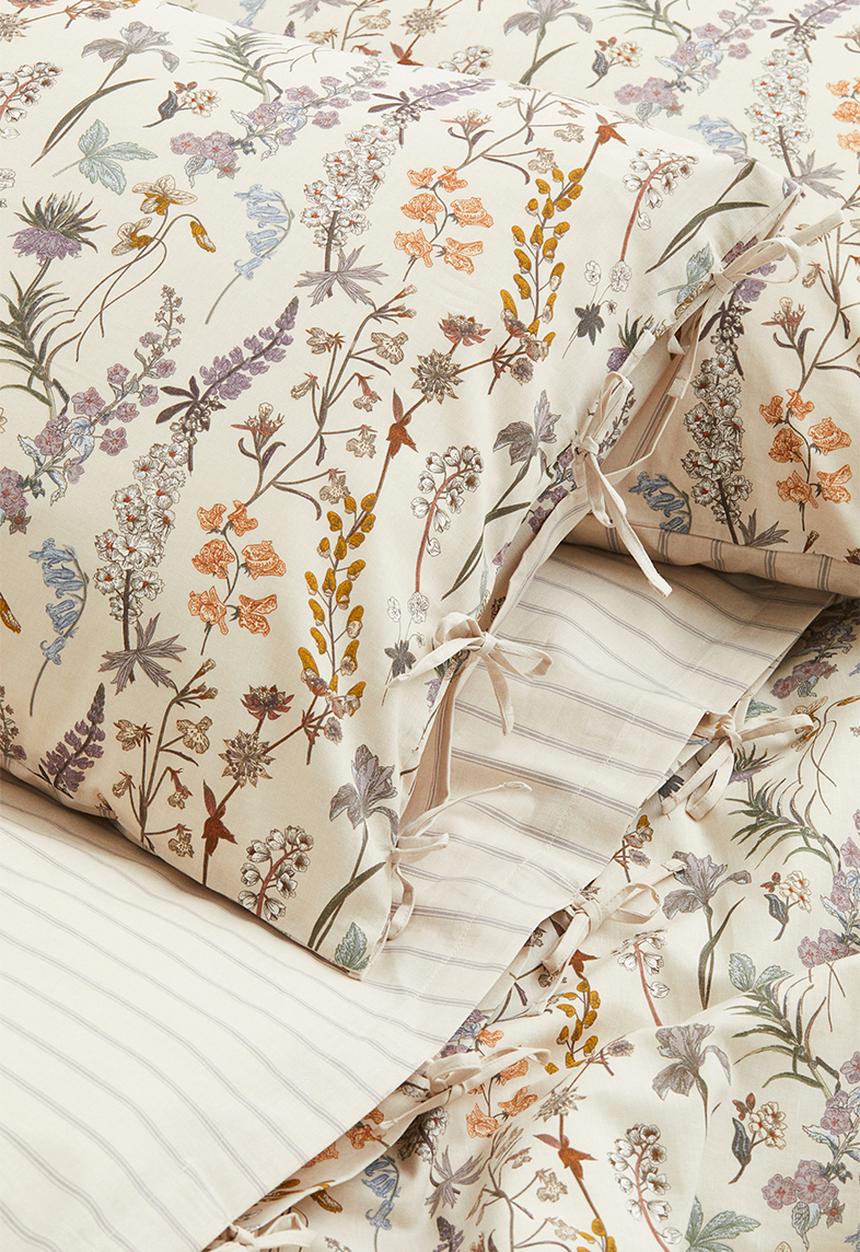 H&M - Cotton double/king duvet cover set - light beige floral