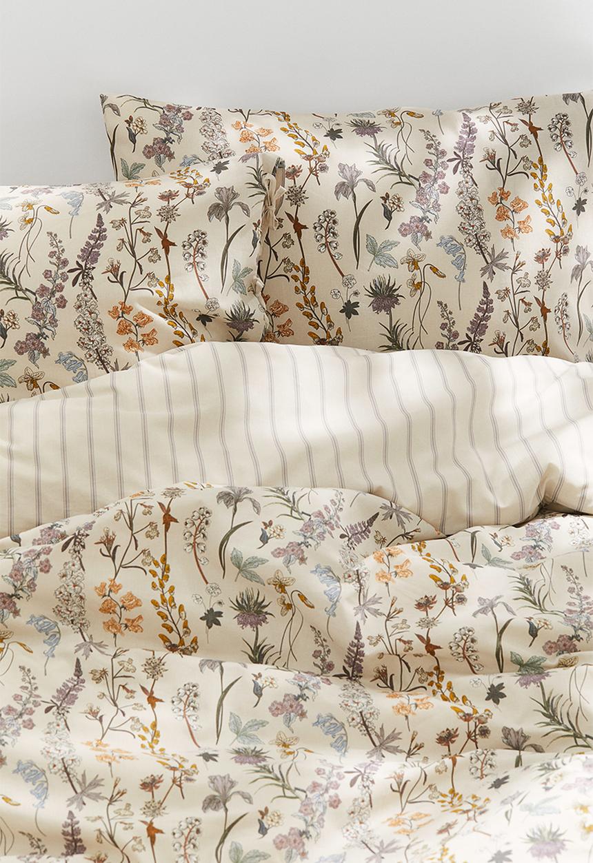 H&M - Cotton double/king duvet cover set - light beige floral
