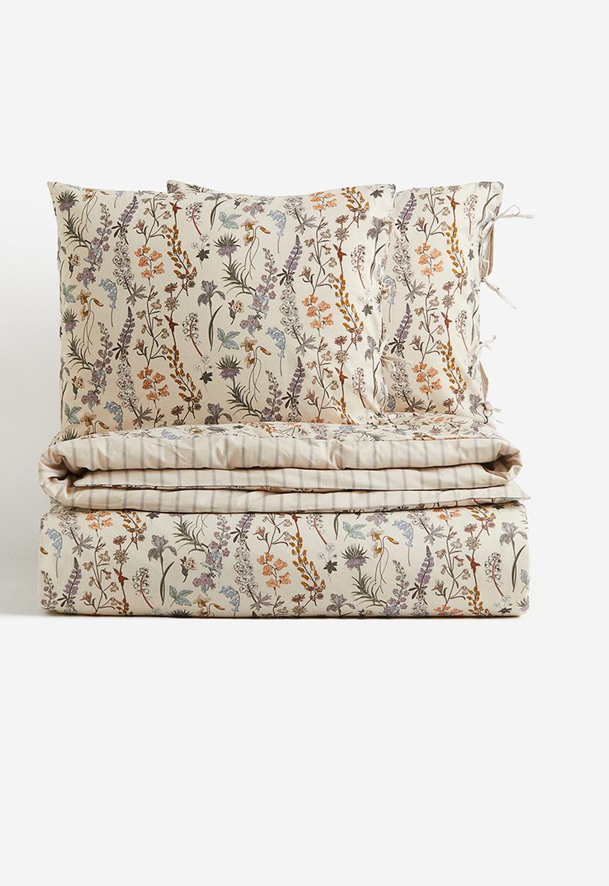H&M - Cotton double/king duvet cover set - light beige floral