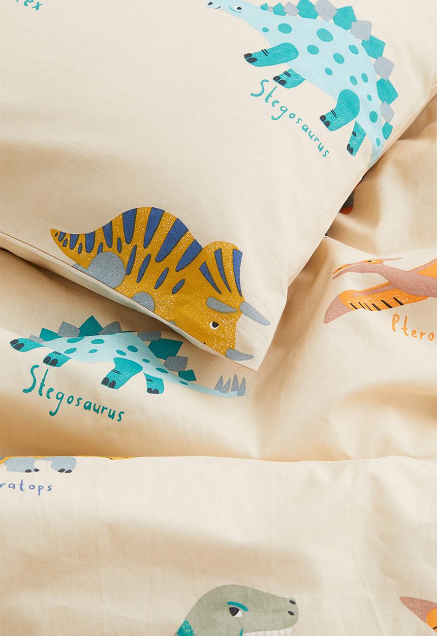 H&M - Patterned single duvet cover set - light beige/dinosaurs