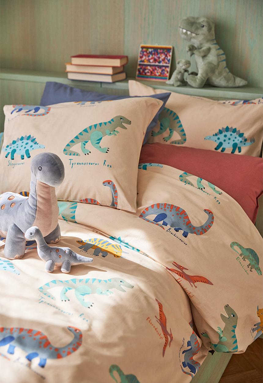 H&M - Patterned single duvet cover set - light beige/dinosaurs