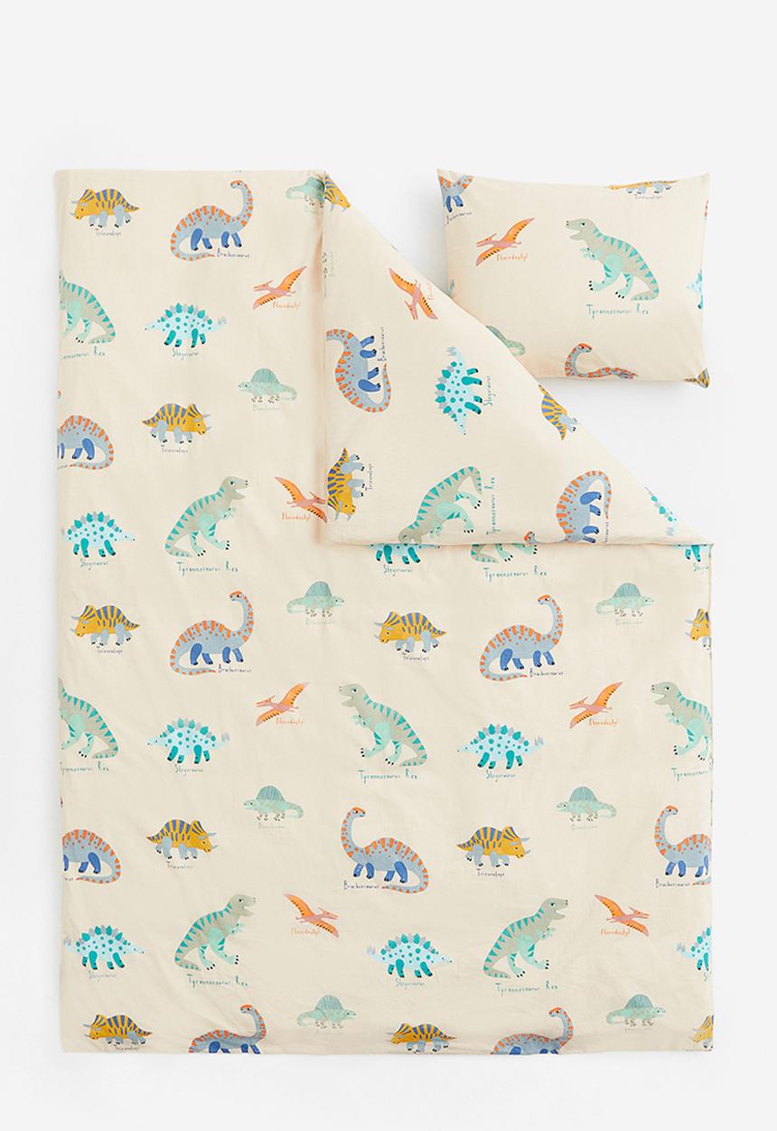 H&M - Patterned single duvet cover set - light beige/dinosaurs