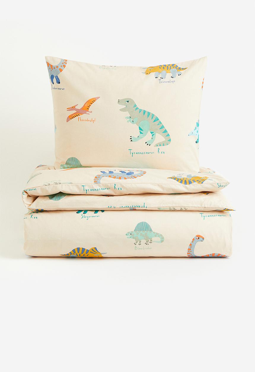H&M - Patterned single duvet cover set - light beige/dinosaurs