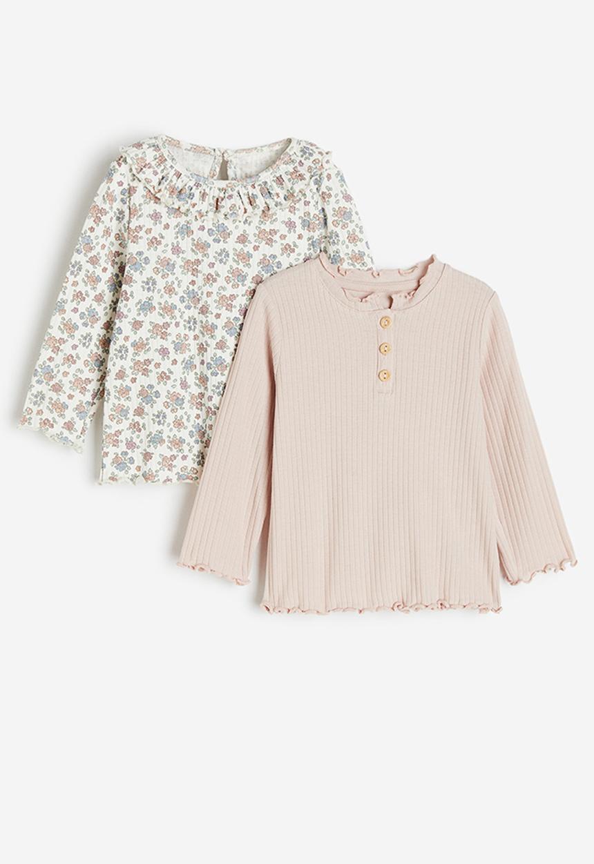 H&M - 2-pack ribbed tops - white, pink & multi