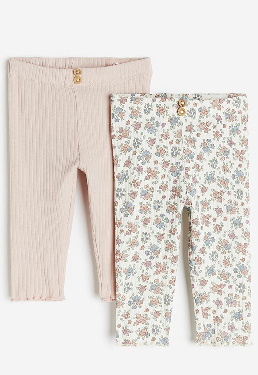 H&M - 2-pack ribbed leggings - white, pink & multi