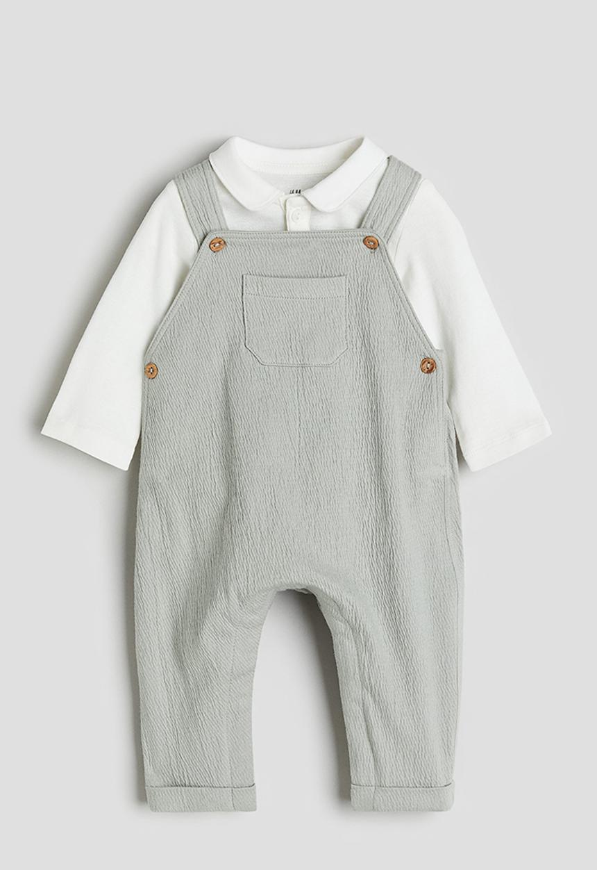 H&M - 2-piece bodysuit and dungaree set - green,white
