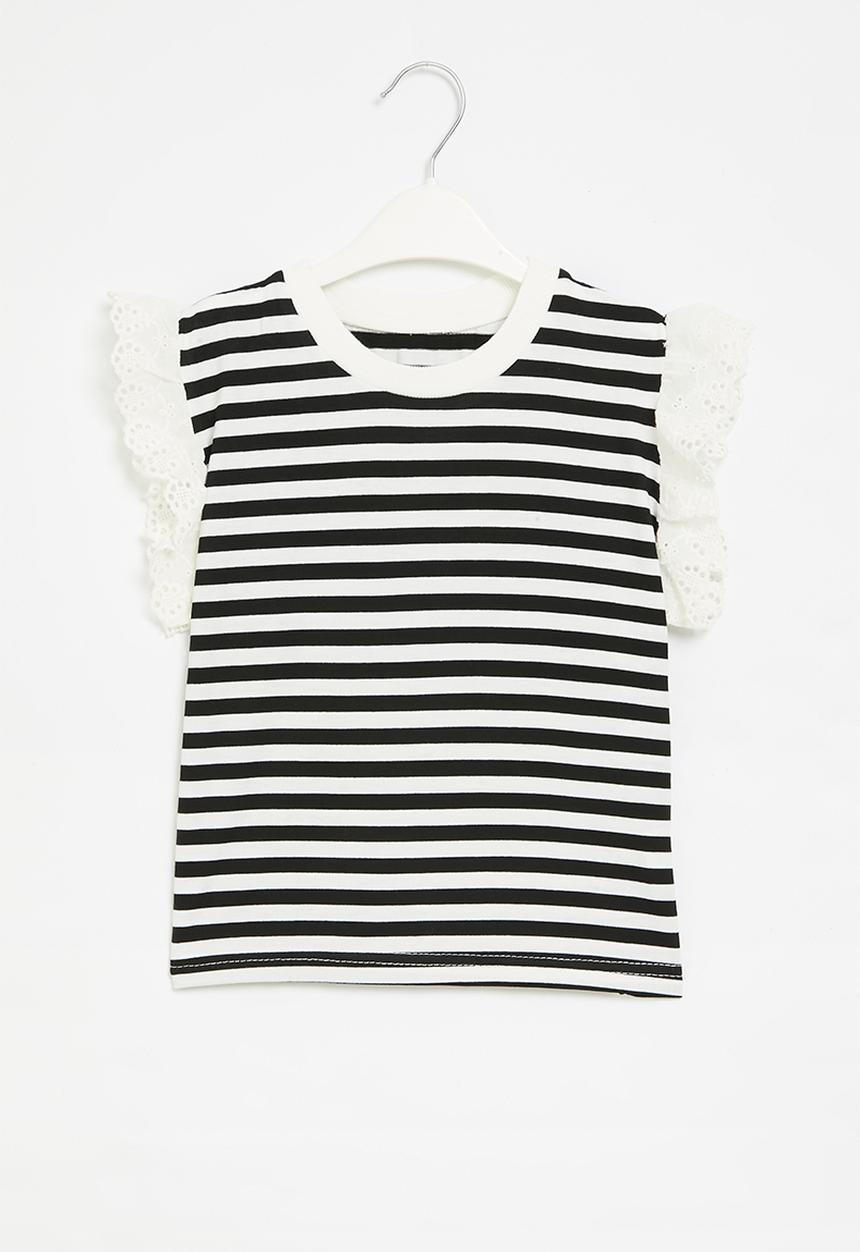 Pop Candy - Frilled sleeve striped top - black & white