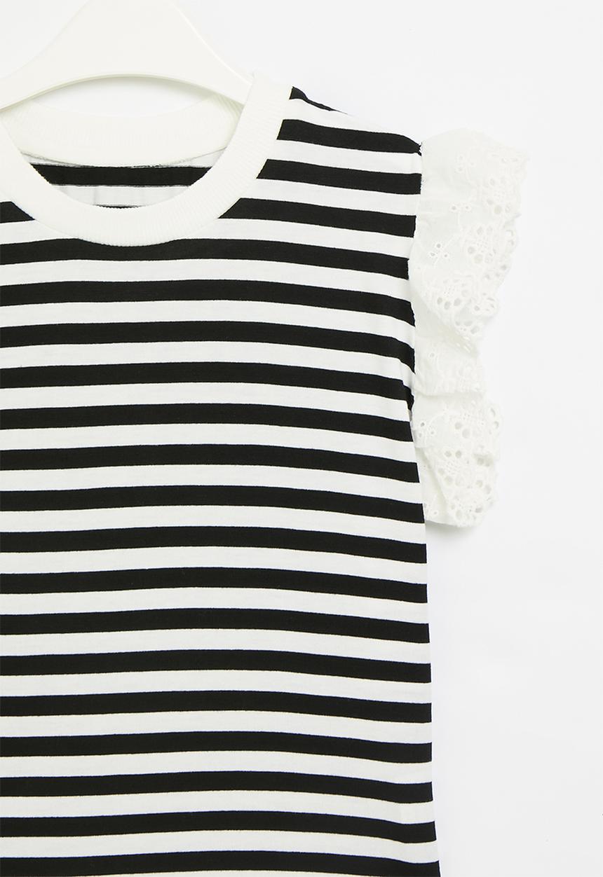 Pop Candy - Frilled sleeve striped top - black & white
