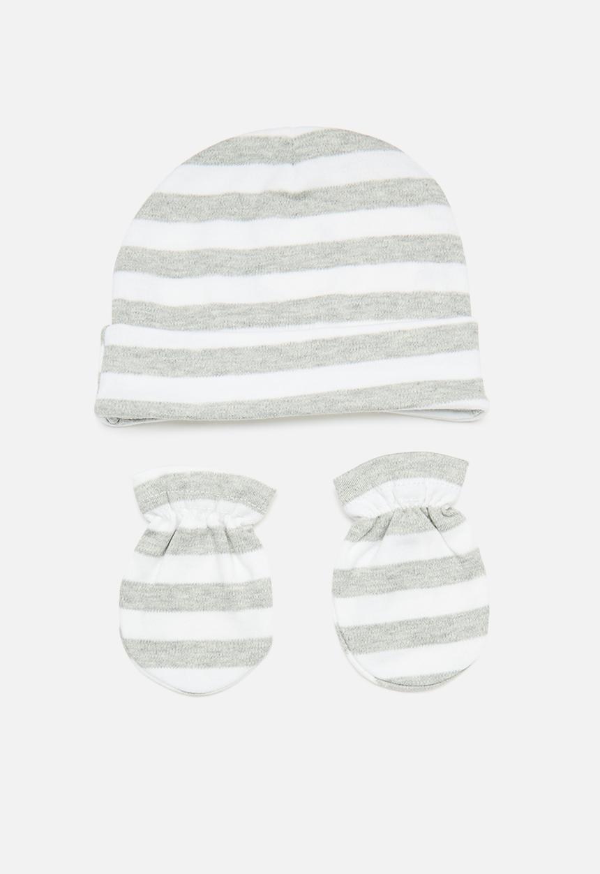 Pop Candy - Striped hat & mitten set - grey & white