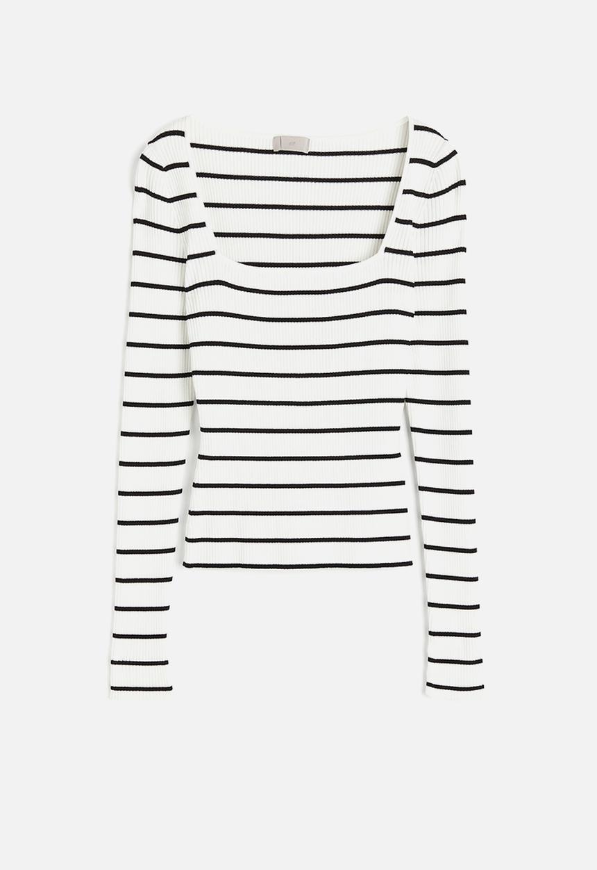 H&M - Square-neck rib-knit top - white & black striped