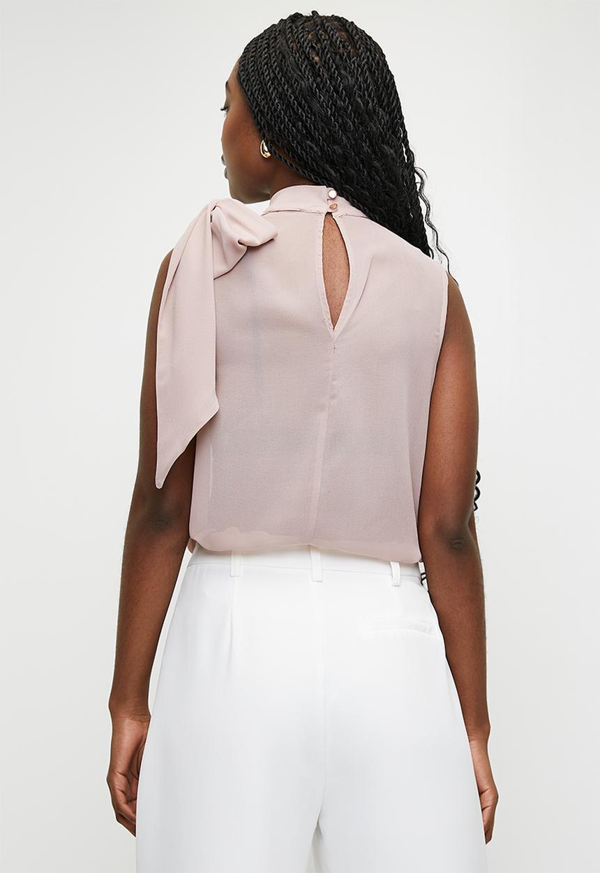 MILLA - Bow detail gathered high neck sheer blouse - bark