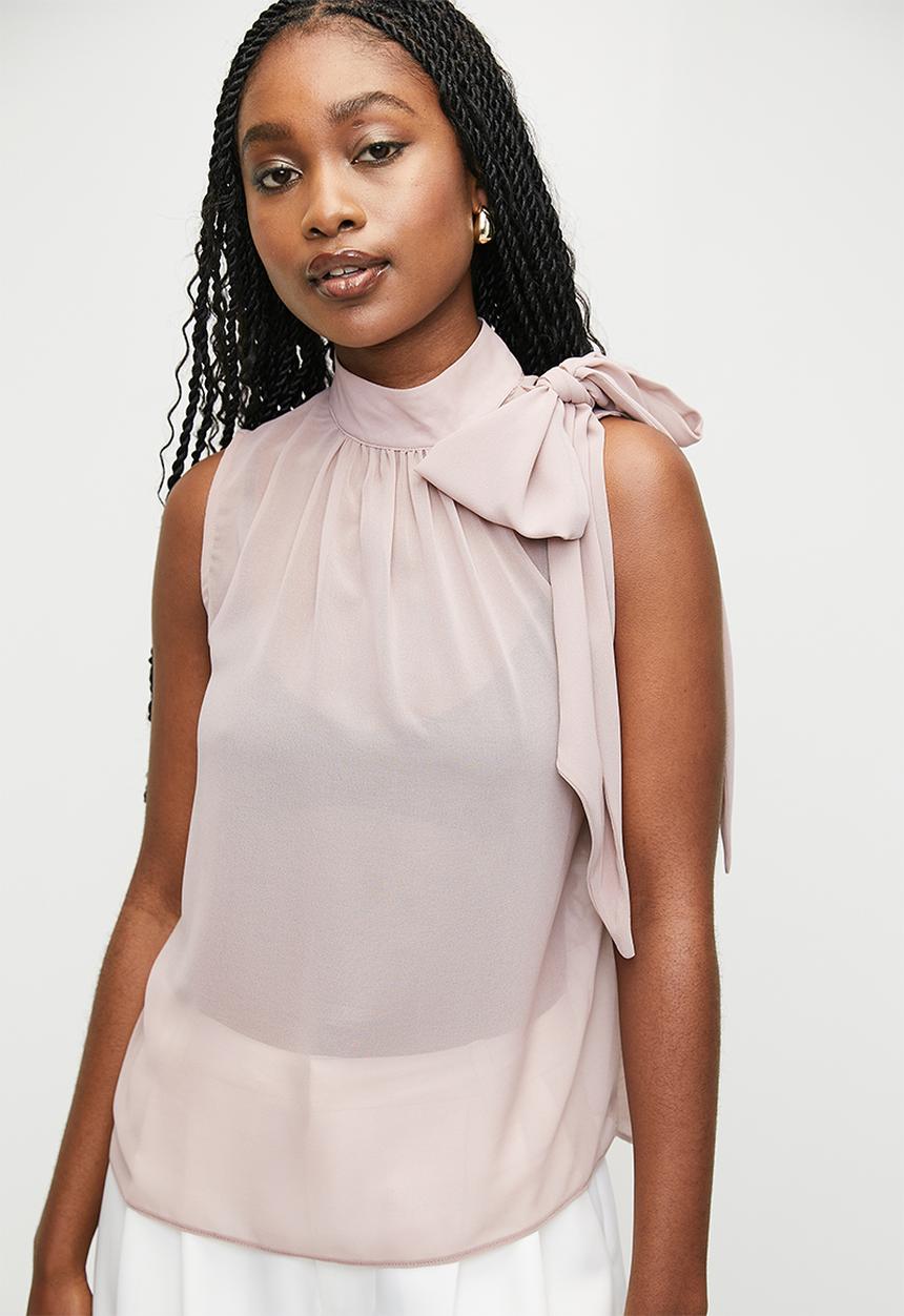 MILLA - Bow detail gathered high neck sheer blouse - bark