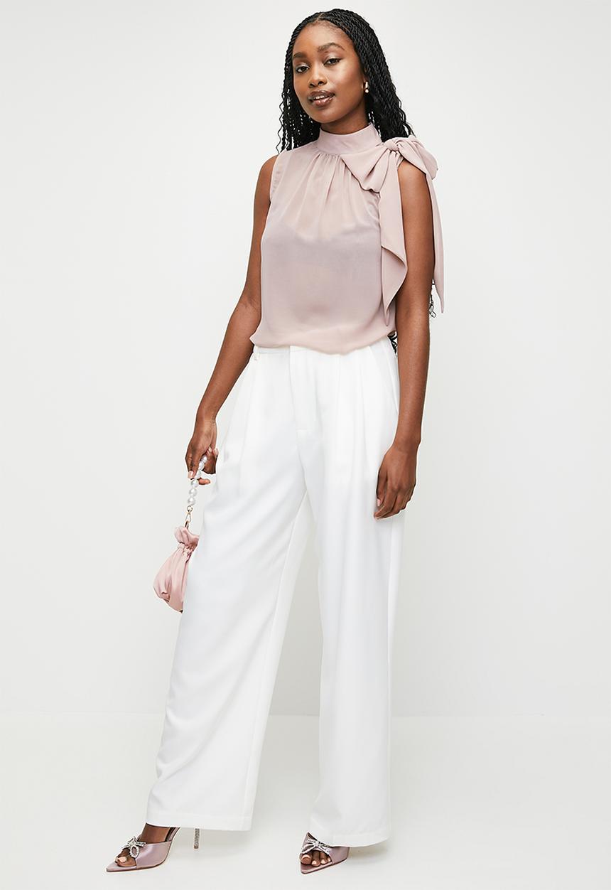 MILLA - Bow detail gathered high neck sheer blouse - bark