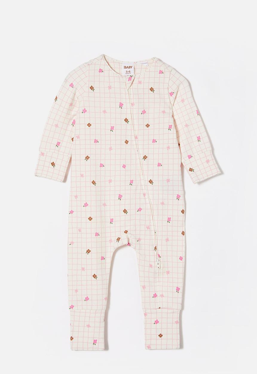 Cotton On - The long sleeve zip romper - vanilla/grid flower