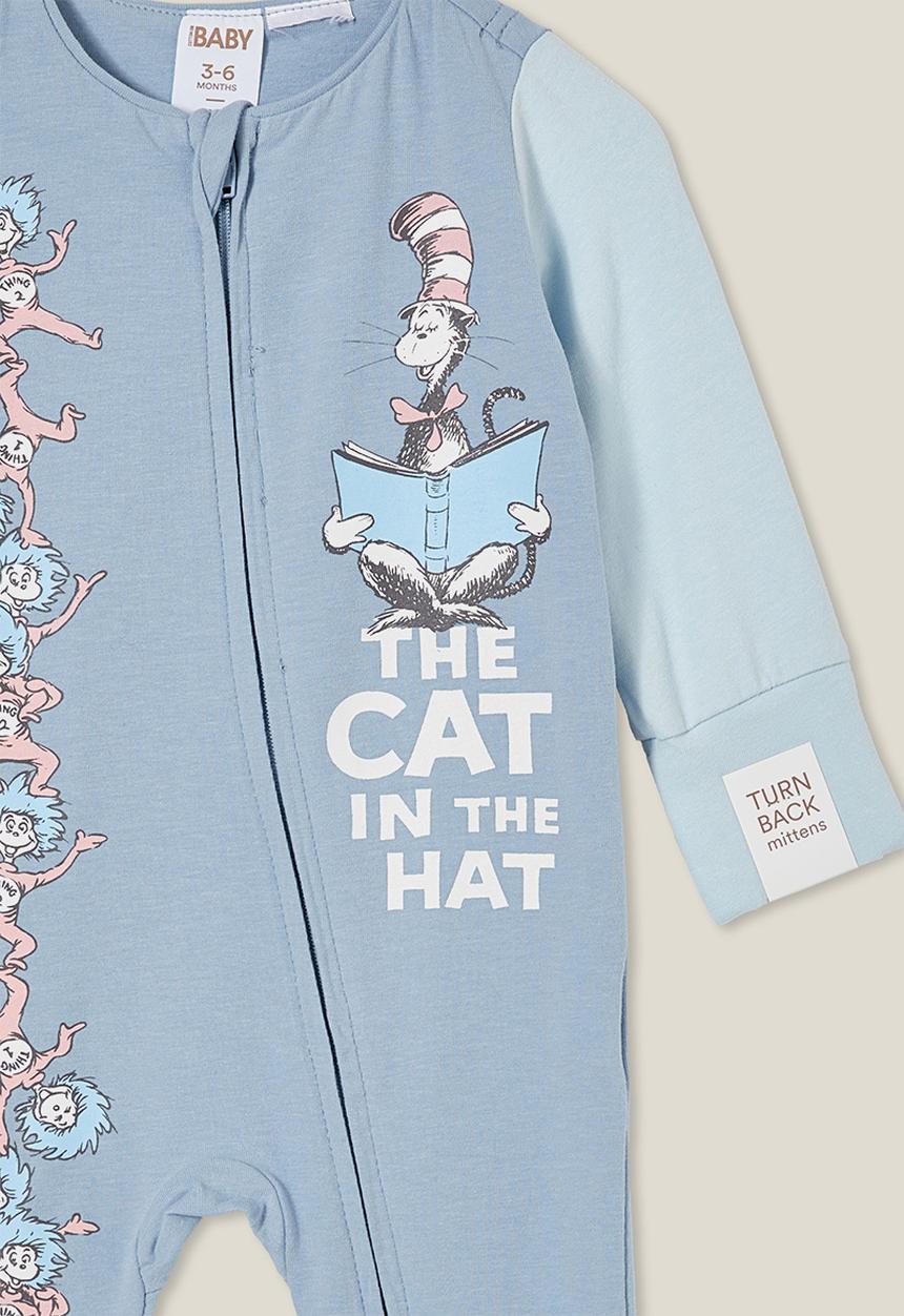 Cotton On - The long sleeve zip romper license - lcn drs dusty blue/cat in the hat
