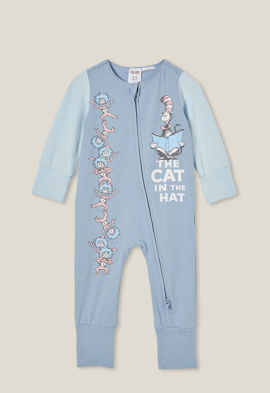 Cotton On - The long sleeve zip romper license - lcn drs dusty blue/cat in the hat
