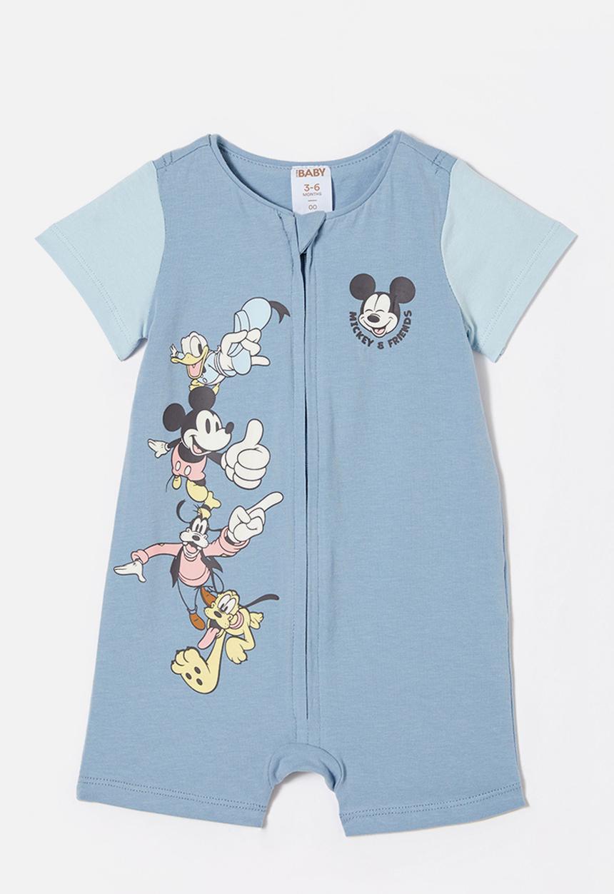 Cotton On - The short sleeve zip romper license - lcn dis dusty blue/mickey and friends stack