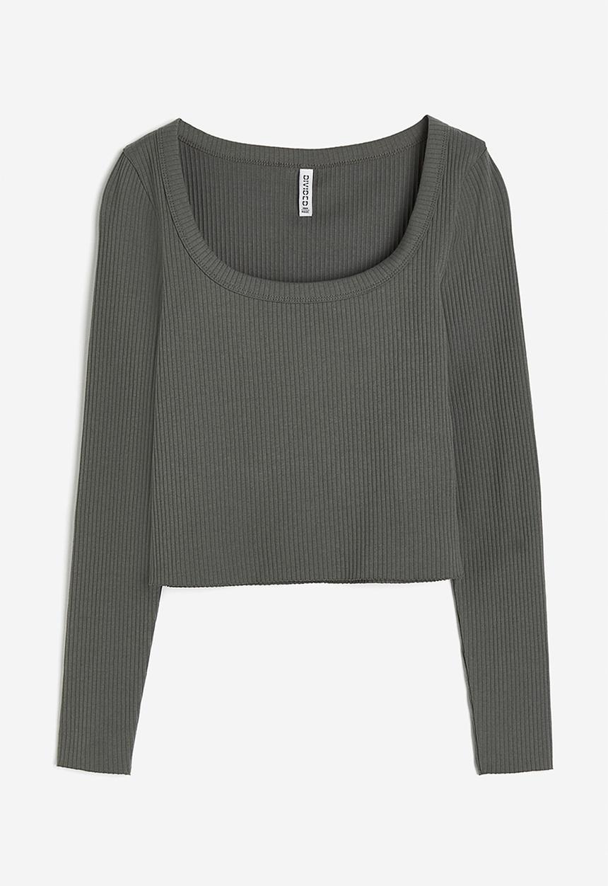 H&M - Ribbed square-neck top - dark khaki green