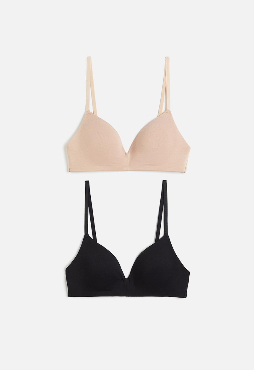 H&M - 2 pack padded non-wired cotton bras - beige & black