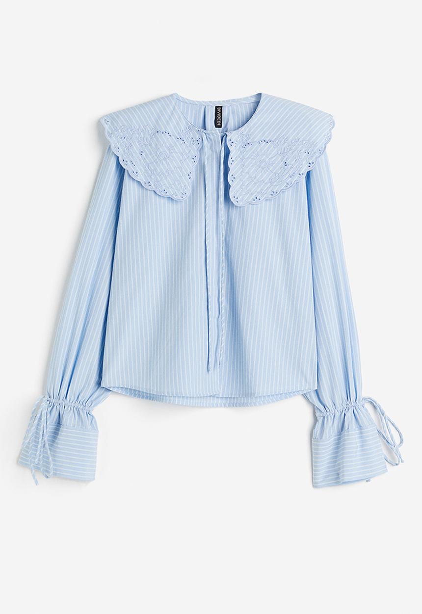 H&M - Broderie anglaise-detail poplin blouse - light blue striped