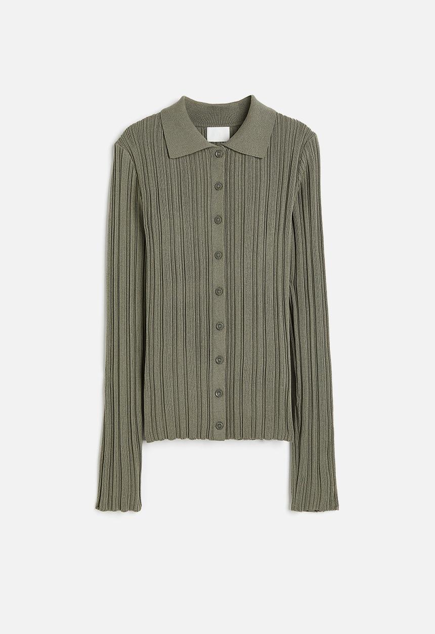 H&M - Rib-knit collared top - khaki green