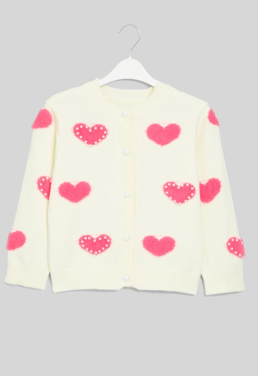 Pop Candy - Heart print cardigan - ecru & pink