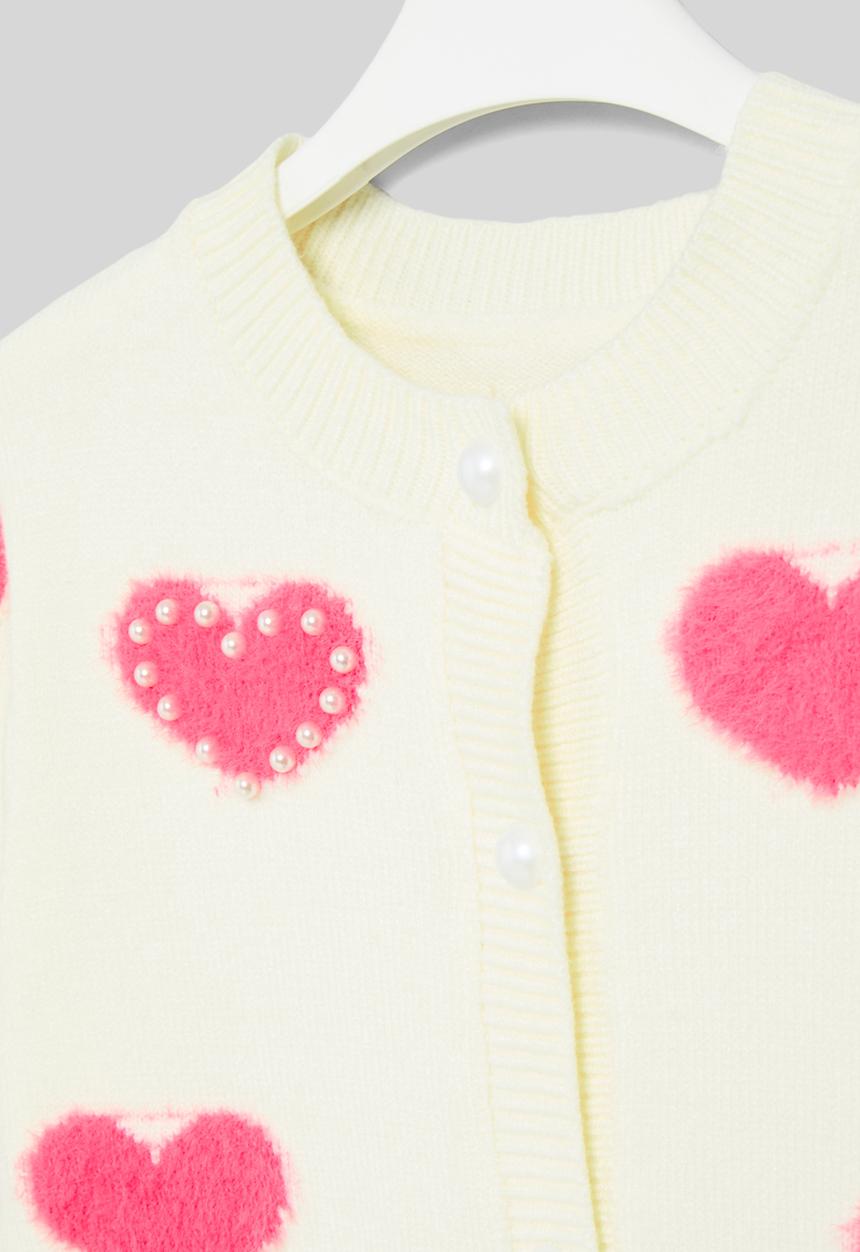 Pop Candy - Heart print cardigan - ecru & pink