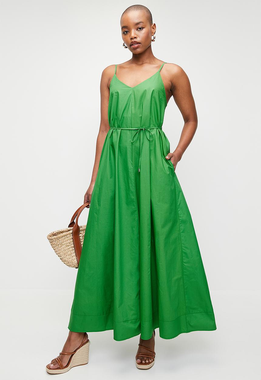 edit - Self belted volume trapeze maxi dress - green