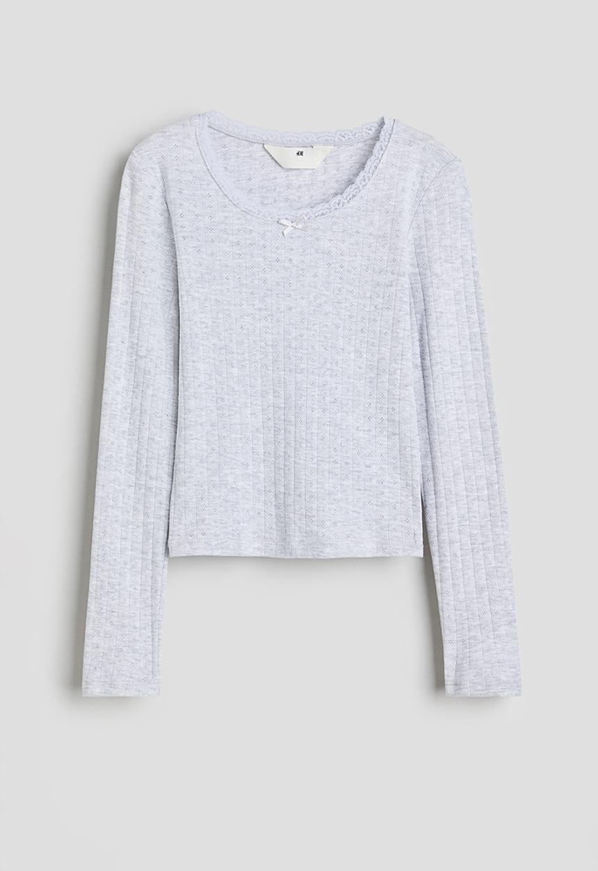 H&M - Lace-trimmed pointelle jersey top - light grey marl