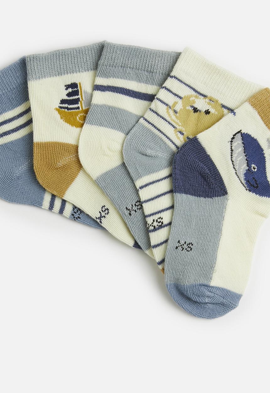 Pop Candy - 5 Piece printed sock set-blue & mustard