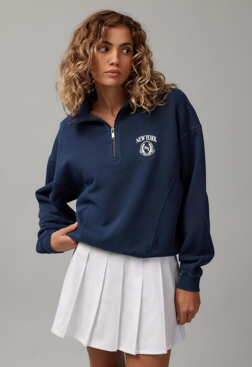 Factorie - Slouchy Graphic Qtr Zip - Navy Blazer/Nyc
