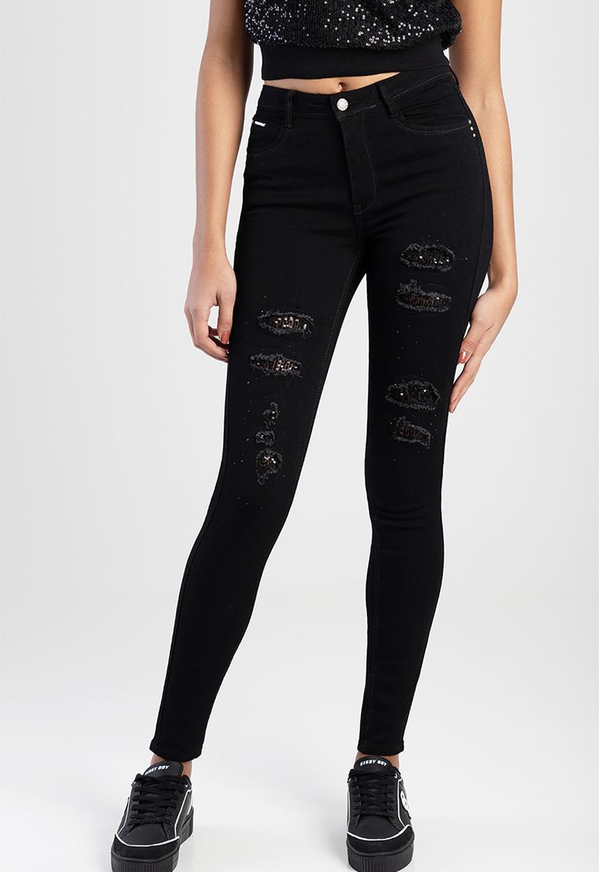 SISSY BOY - Sinclair: Mid-Waist Skinny With Rip And Repair With Sequin - Black