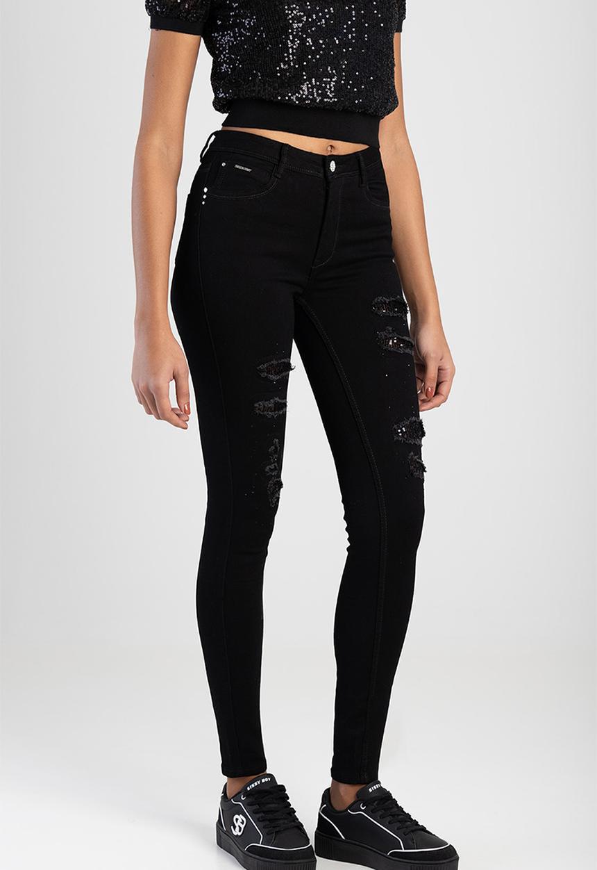 SISSY BOY - Sinclair: Mid-Waist Skinny With Rip And Repair With Sequin - Black