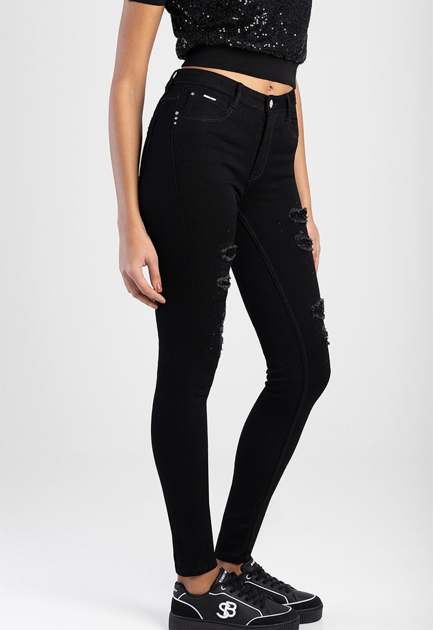 SISSY BOY - Sinclair: Mid-Waist Skinny With Rip And Repair With Sequin - Black