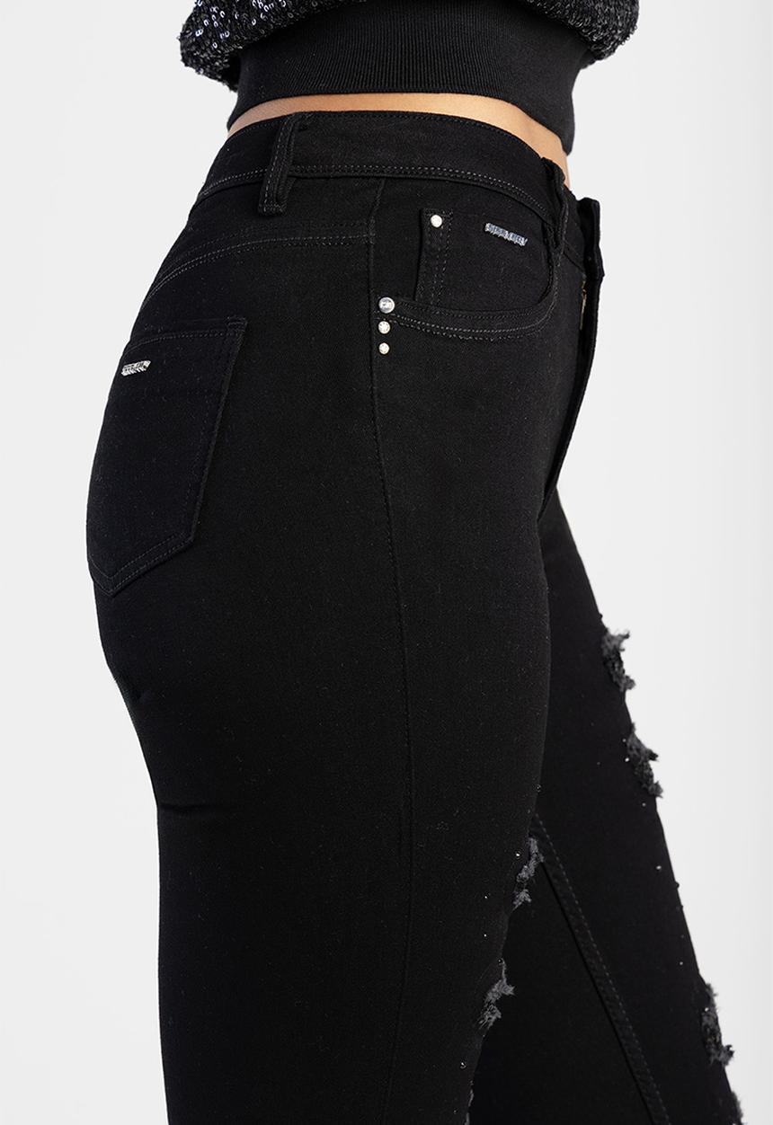 SISSY BOY - Sinclair: Mid-Waist Skinny With Rip And Repair With Sequin - Black