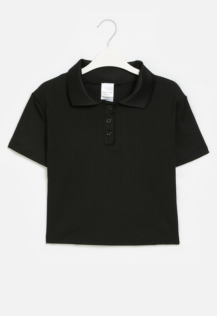 Pop Candy - Rib cropped golf shirt - black