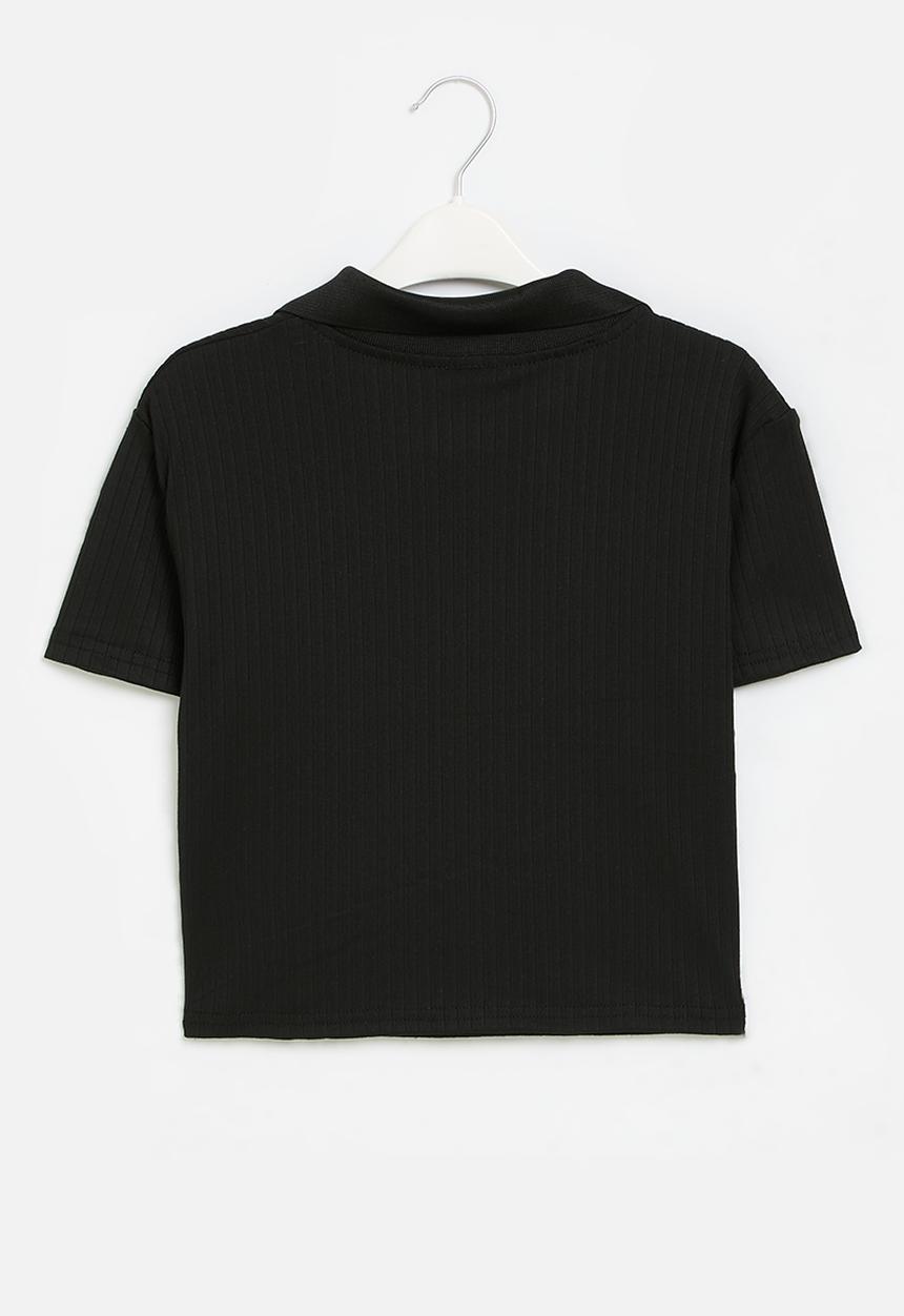 Pop Candy - Rib cropped golf shirt - black