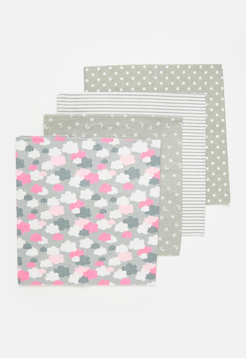 Pop Candy - 4 Piece Printed baby blankets - grey & pink