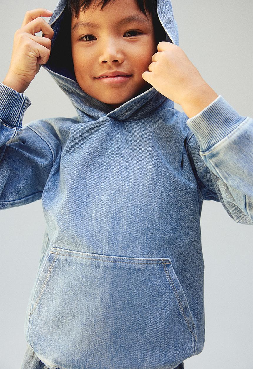 H&M - Washed-look printed hoodie - washed denim blue