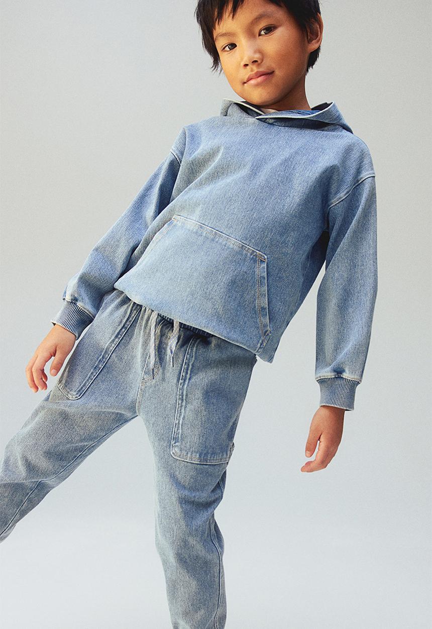 H&M - Washed-look printed hoodie - washed denim blue