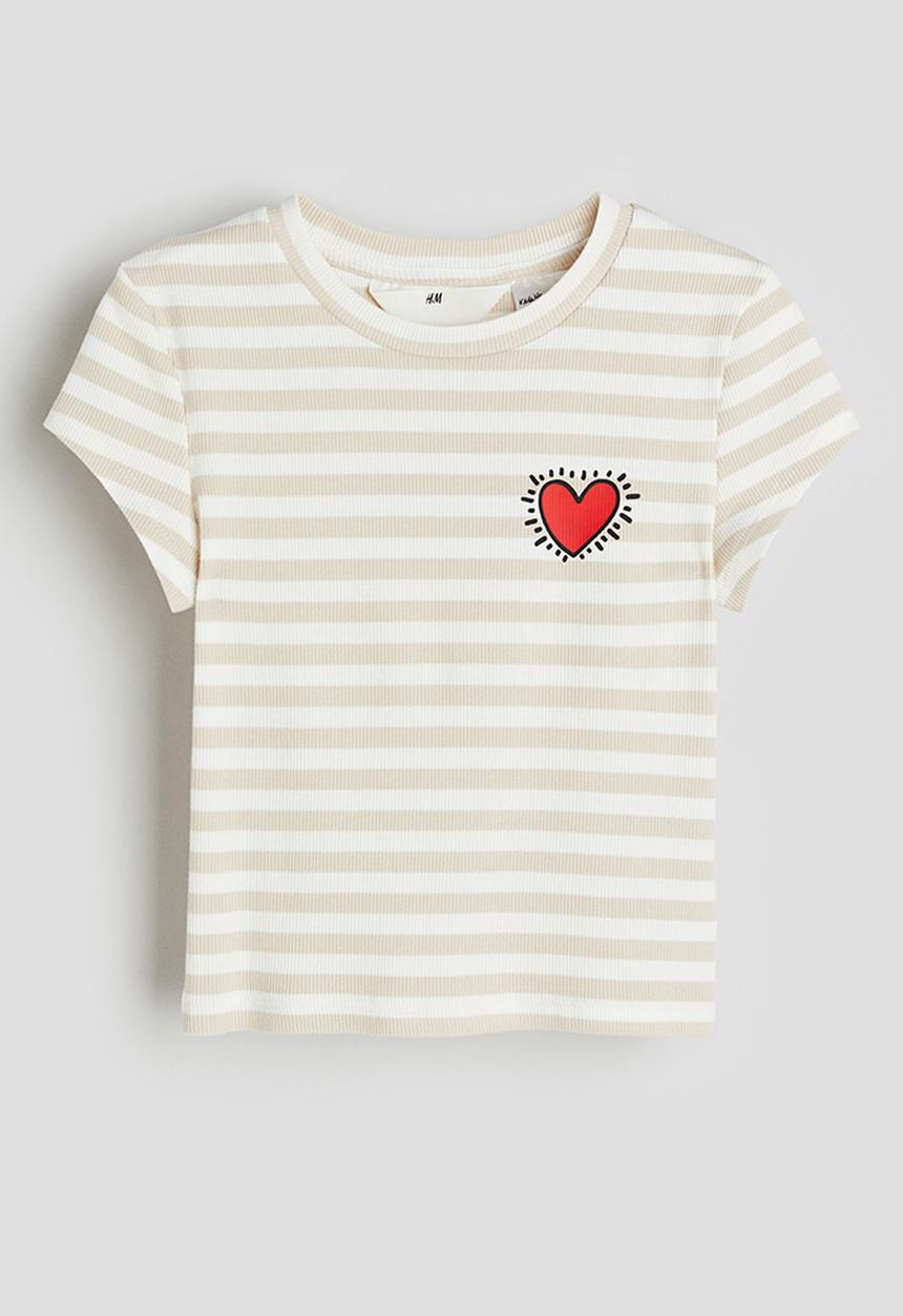 H&M - Ribbed t-shirt - beige & keith haring