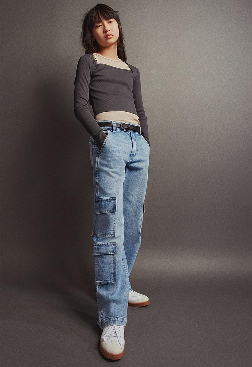 H&M - Loose fit wide leg cargo jeans - denim blue