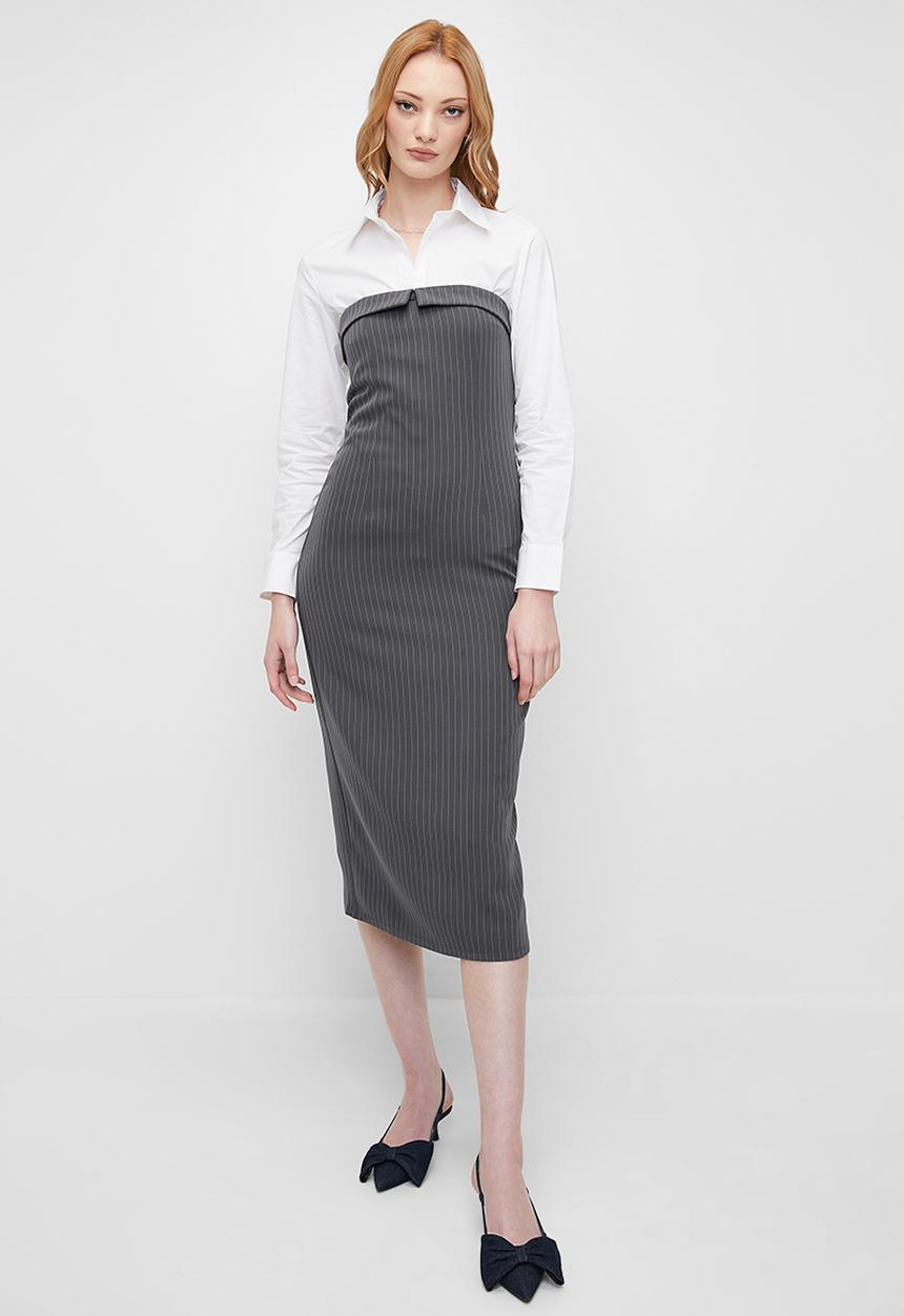 Superbalist - Pinstripe Bandeau Midi Dress - Grey & White