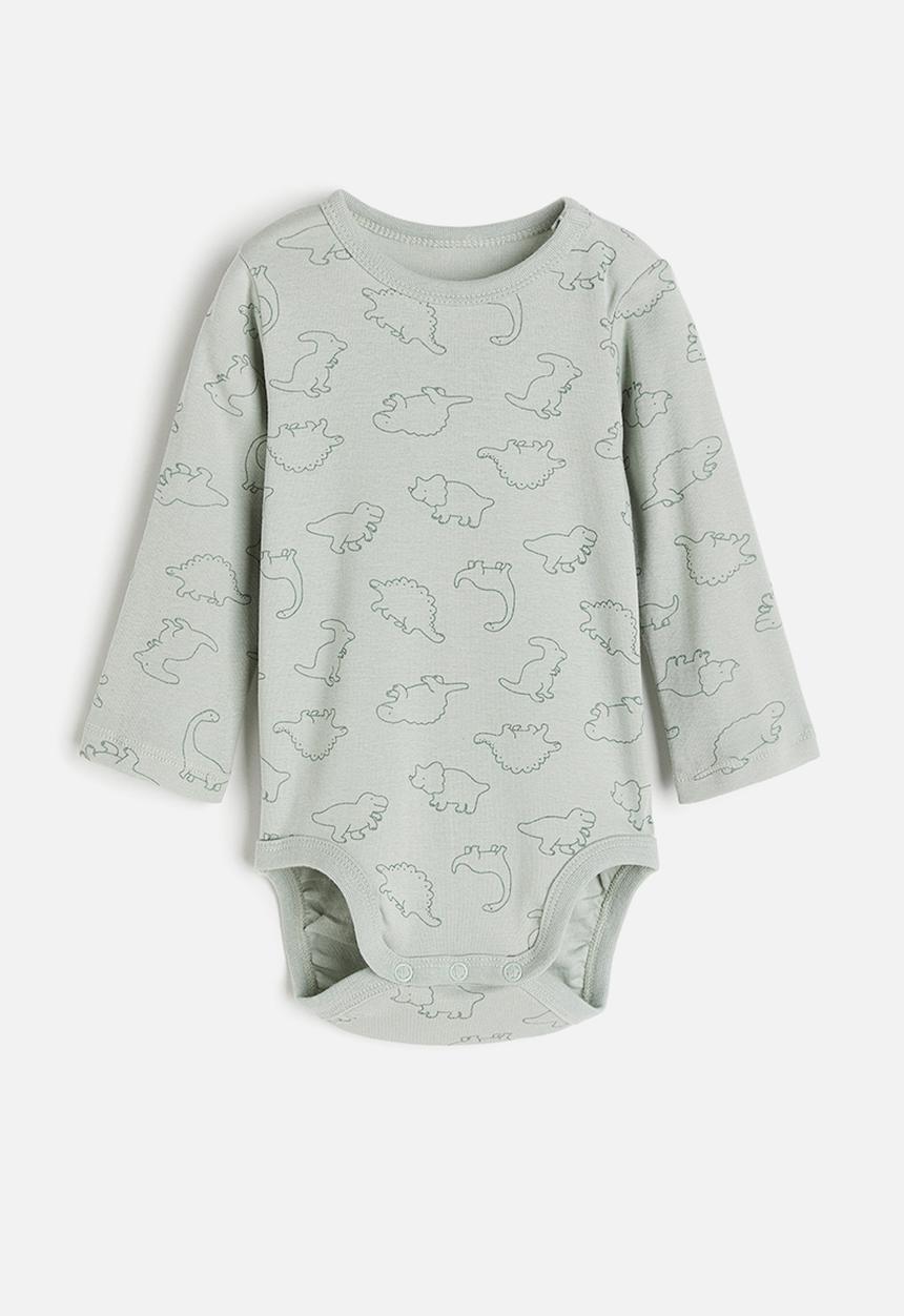 H&M - Long-sleeved bodysuit - light dusty green & dinosaurs