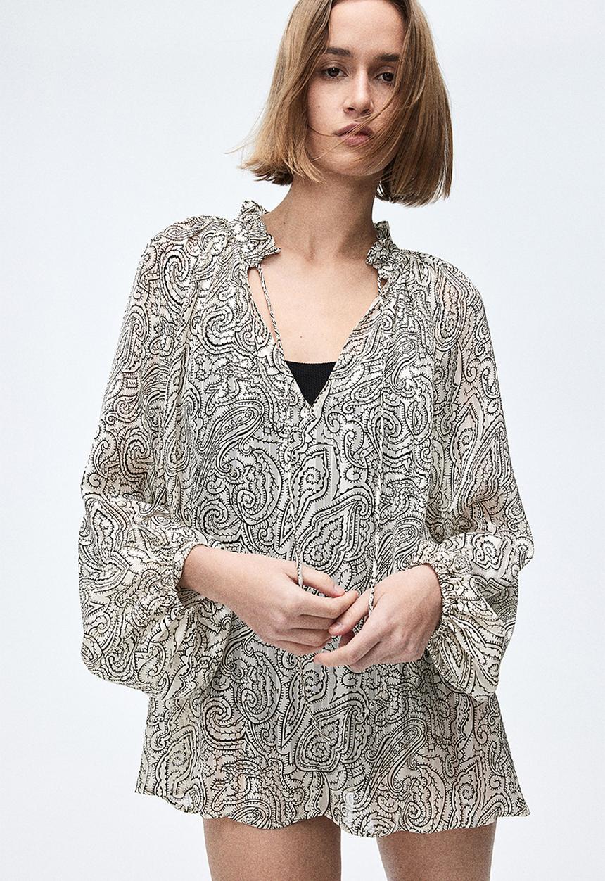 H&M - Frill-trimmed crêpe blouse - cream & paisley-patterned